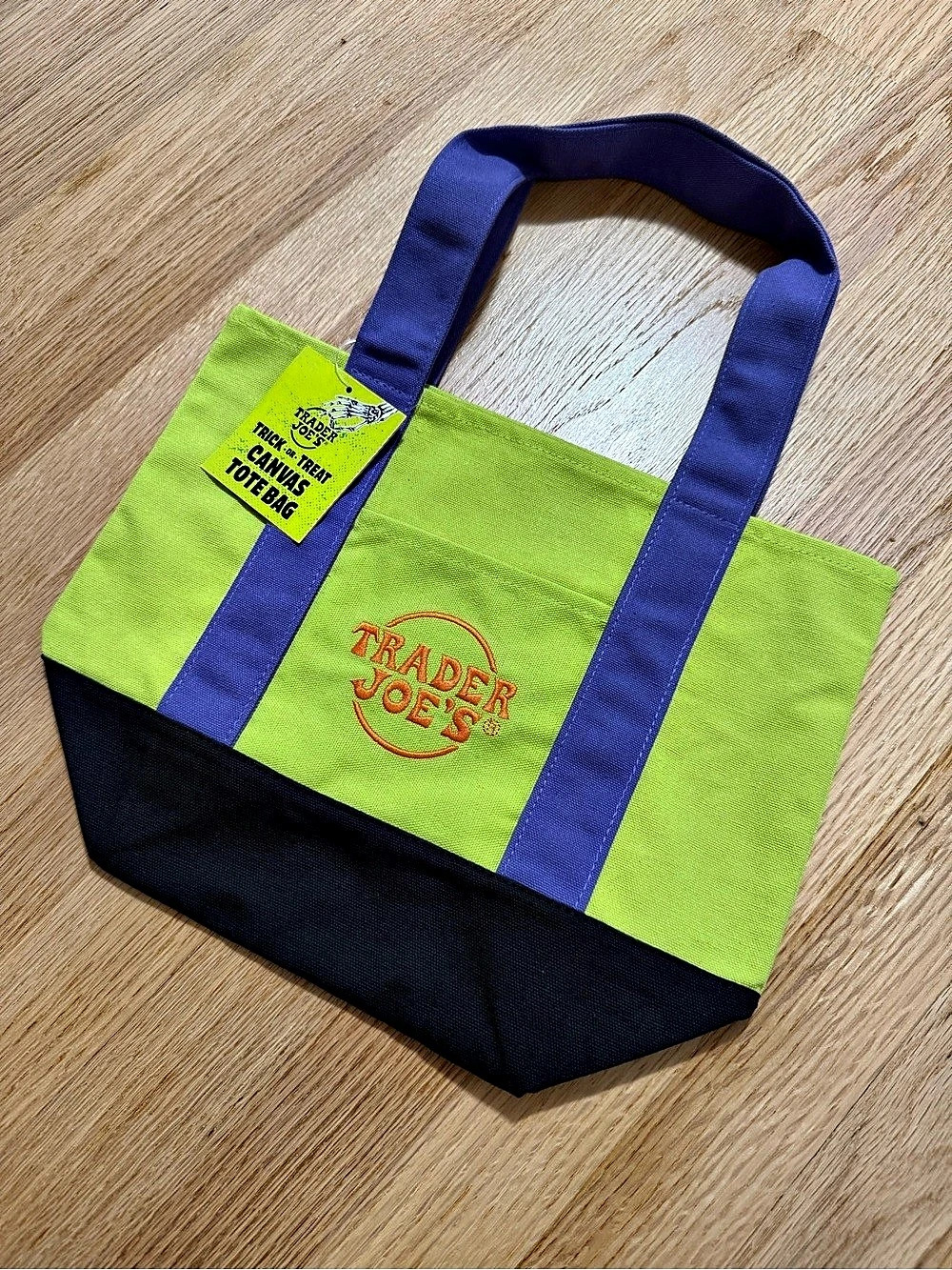 Trader Joe's Trick-or-Treat Mini Canvas Tote Bag Green Purple Black Orange
